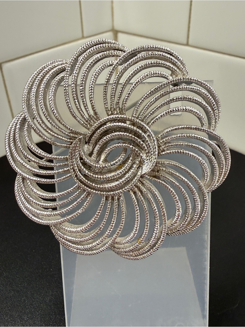 Vintage Monet Cordelia Silver Tone Flower Brooch MCM Book Piece